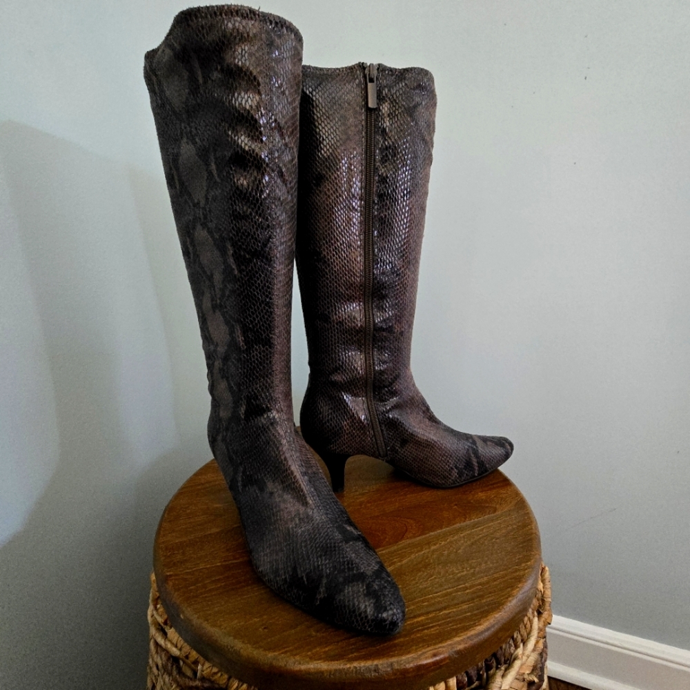 Impo Tall Stretch Brown/Black Snakeskin Boots, Size 6.5